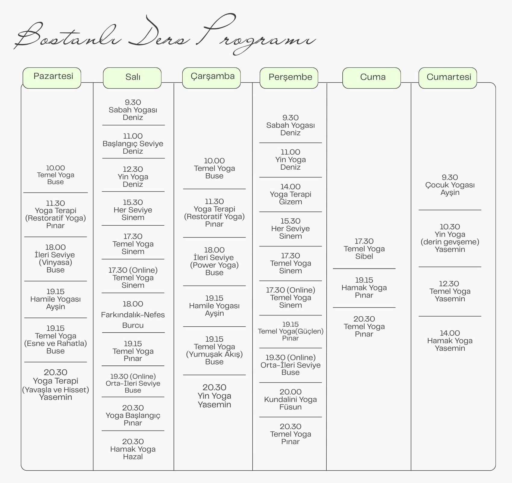 Bostanli Program - Bostanlı Şubesi Ders Programı